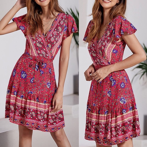 Red Mini Blue Floral Ruffle Wrap Dress - Picture 5 of 14